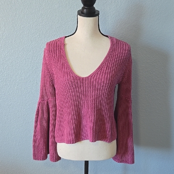 FREE PEOPLE Damsel Cotton Flare Sleeve Sweater Pink Sz Small - Picture 2 of 12